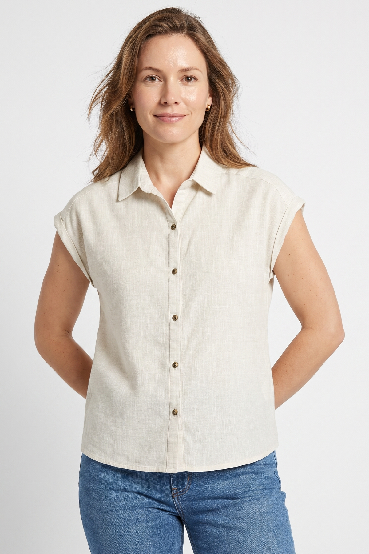 Blusa en Algodón Beige con Manga Francesa para Mujer