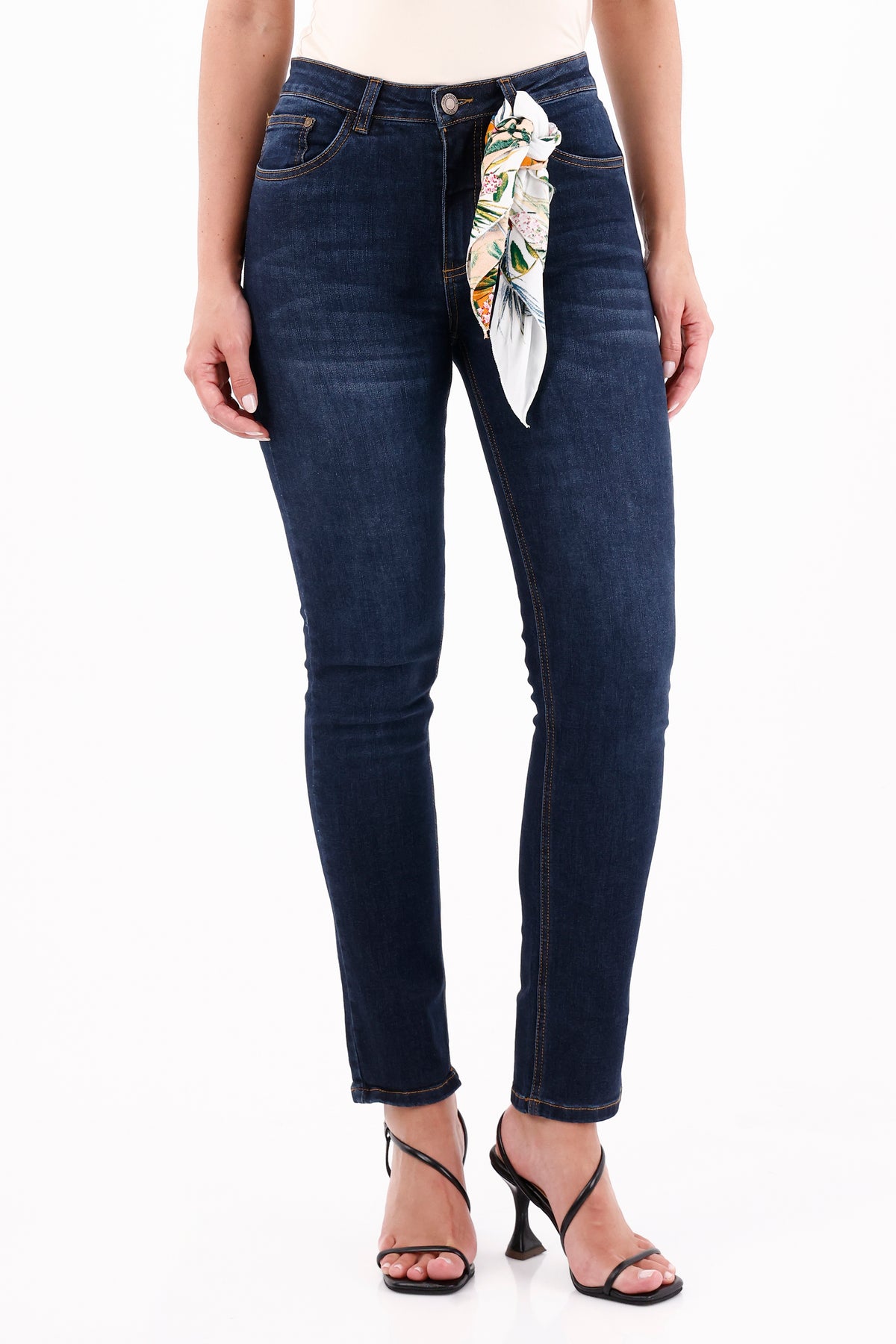 Jean Tiro Medio Pañoleta Azul Oscuro Para Mujer