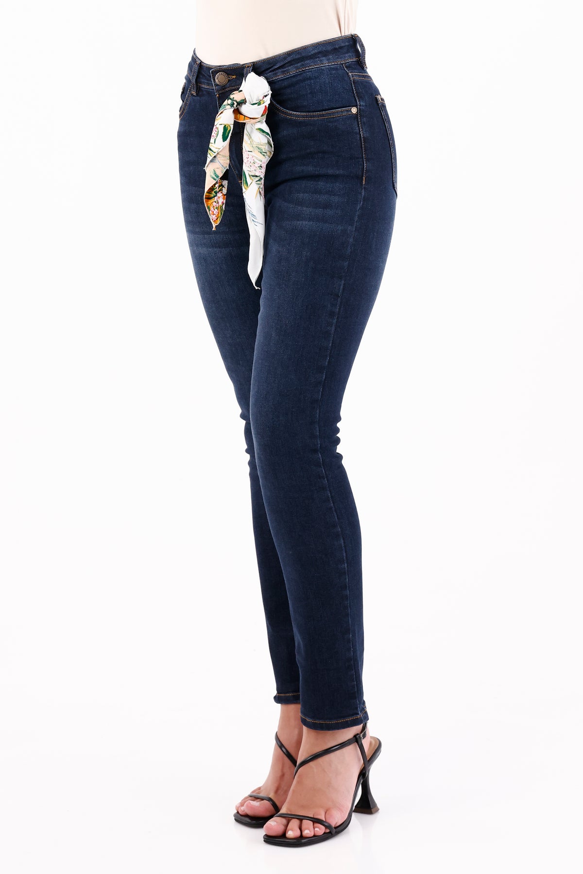 Jean Tiro Medio Pañoleta Azul Oscuro Para Mujer