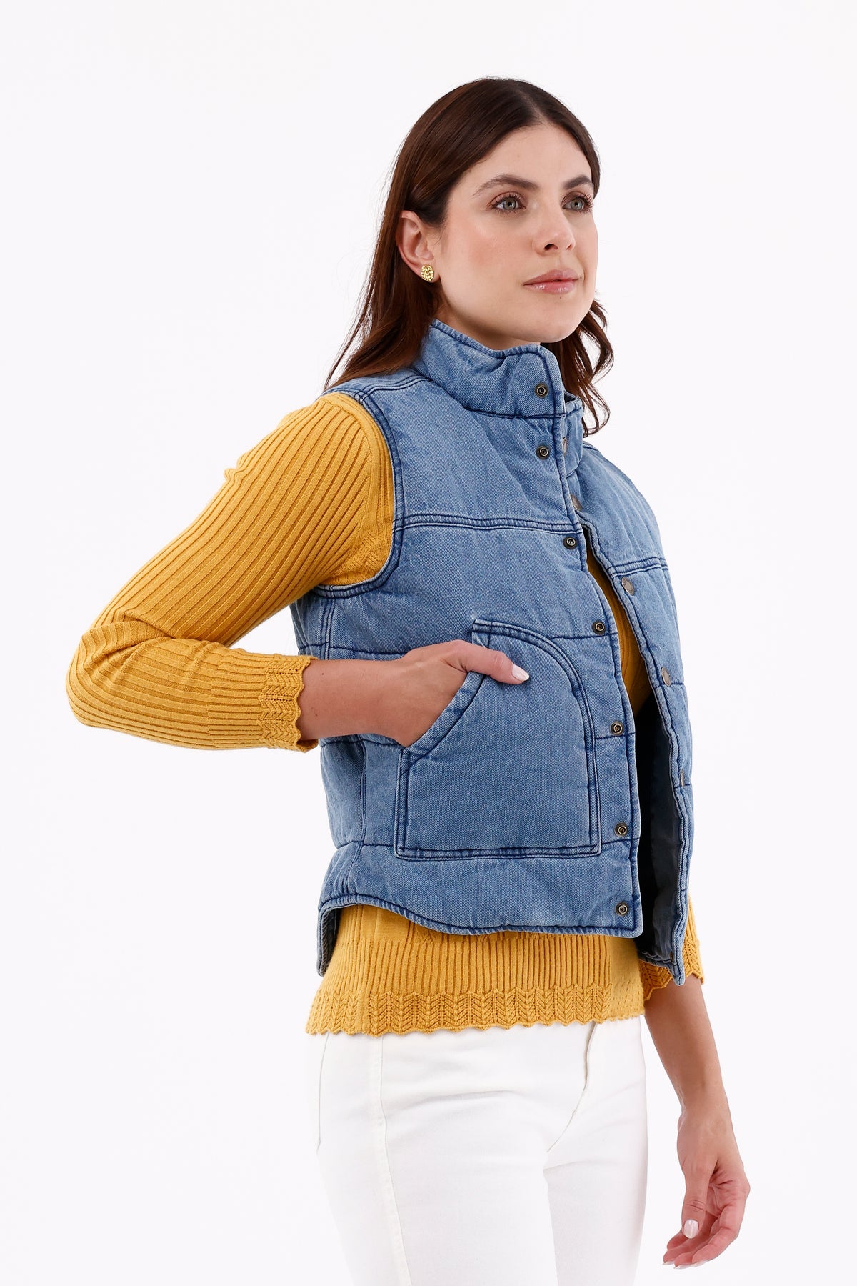 Chaleco Abullonado Azul Medio Para Mujer