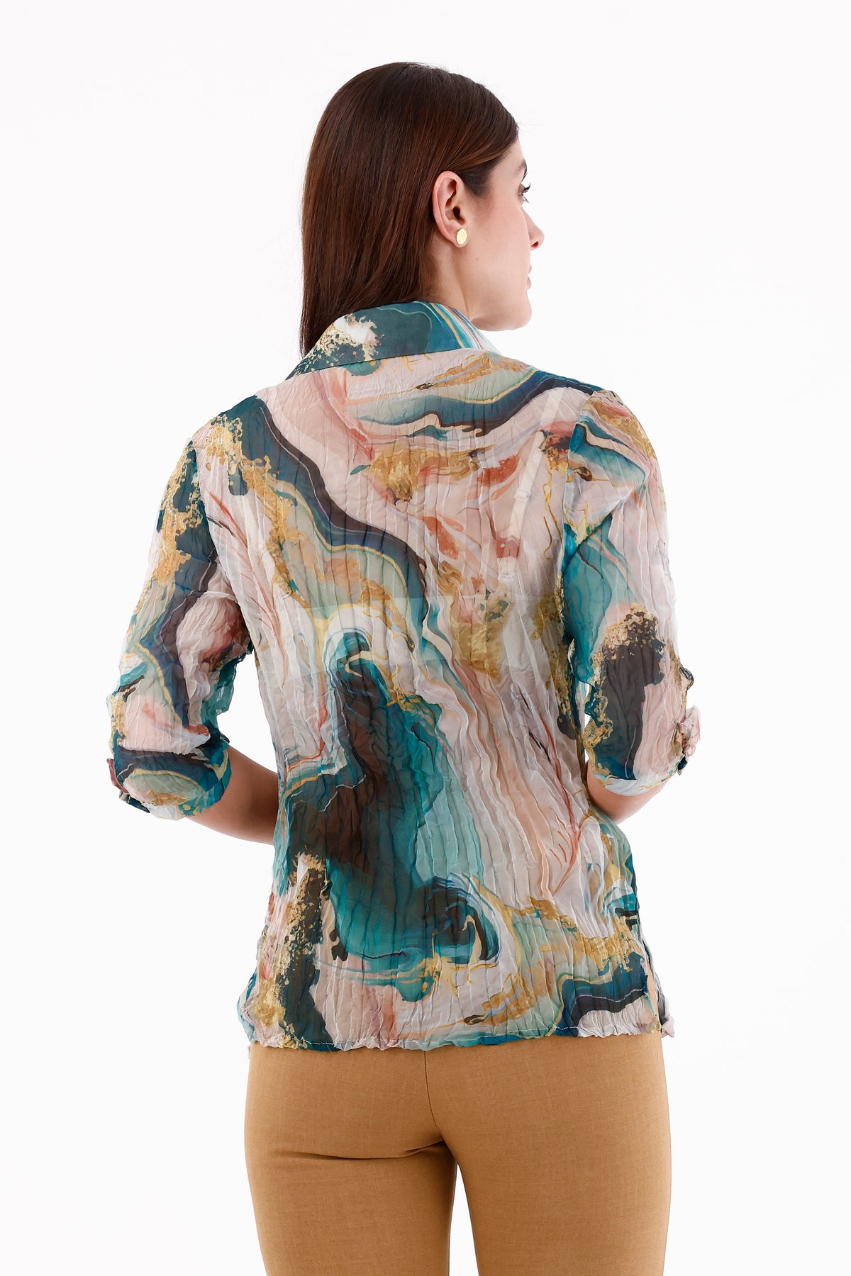 Blusa Manga 3/4 Craquelada Étnica Verde Jade Para Mujer