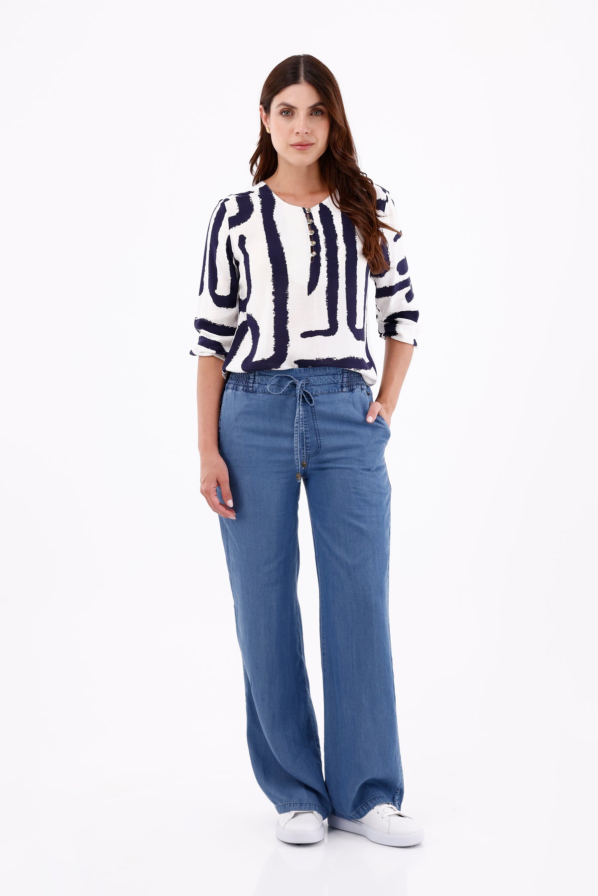 Camisa Manga 3/4 Ojaletes Étnica Azul Oscuro Para Mujer