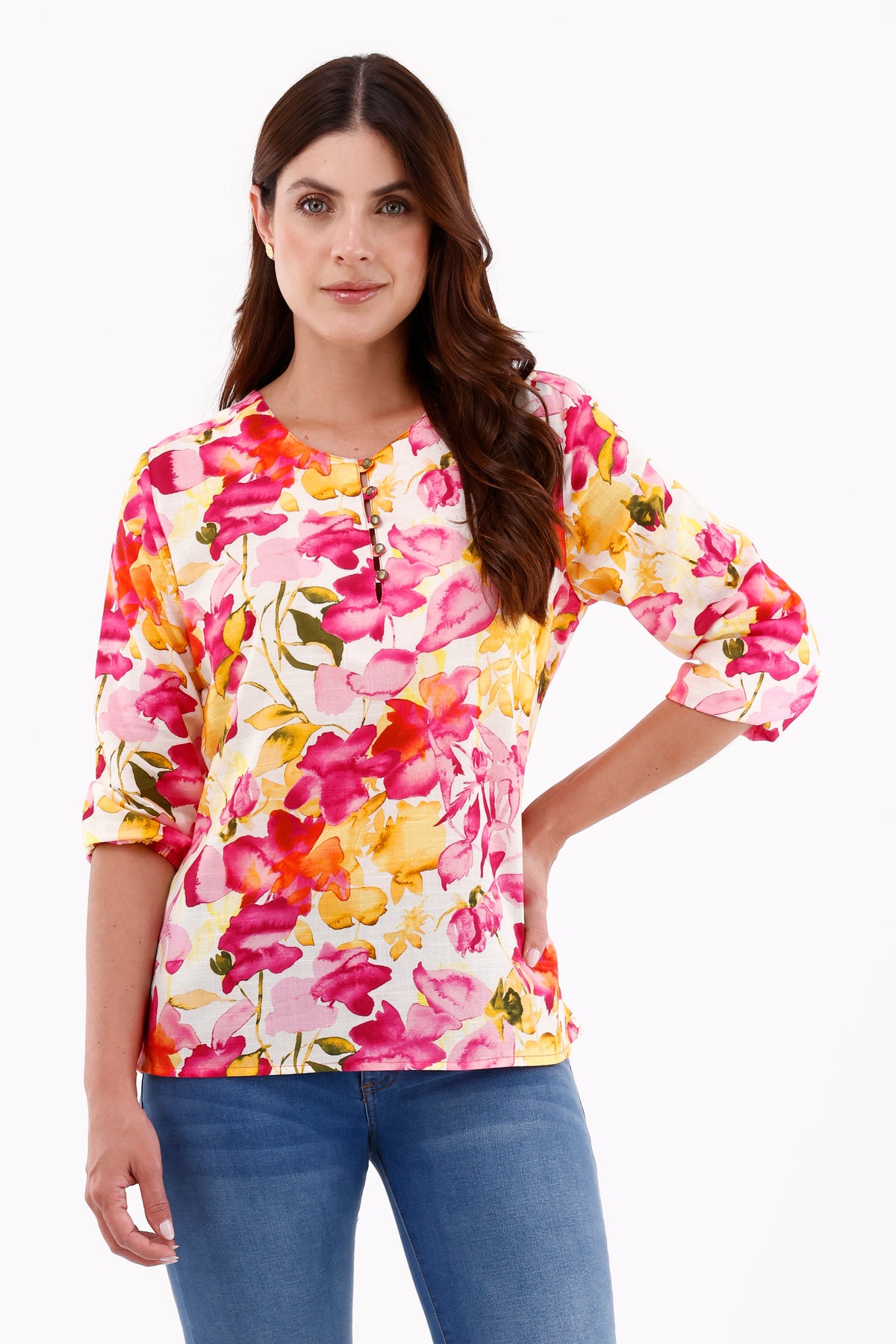 Blusa Manga 3/4 Ojaletes Flores Fucsia Para Mujer