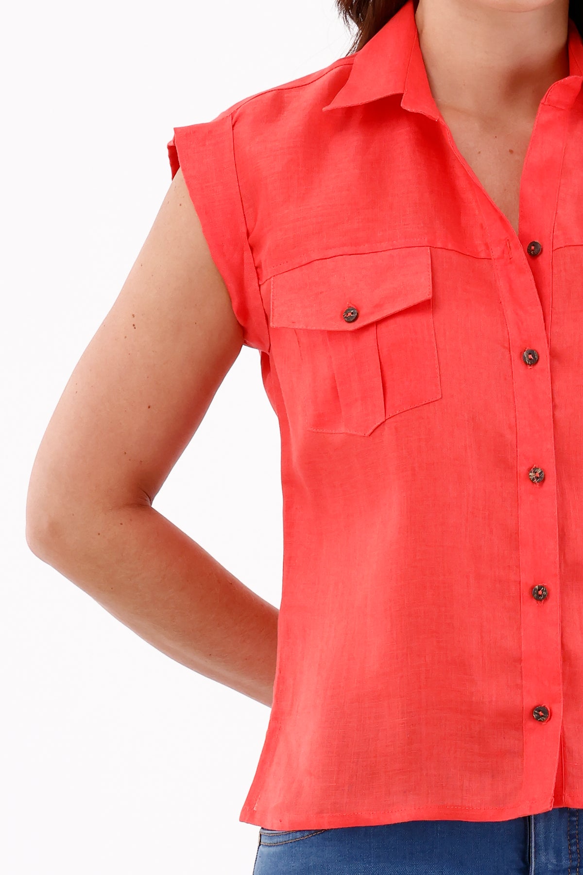 Blusa Manga Rodada Bolsillos Coral Para Mujer