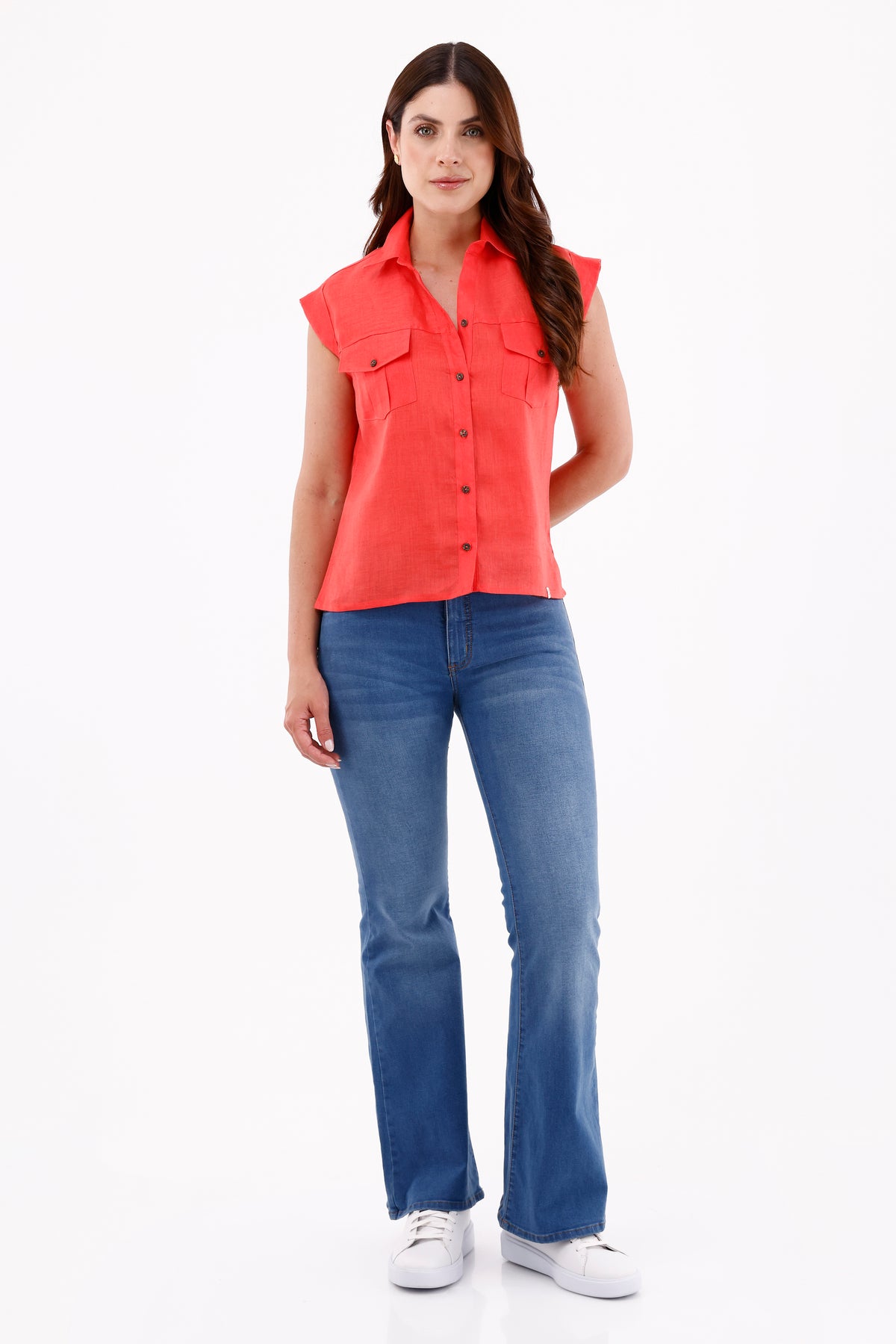 Blusa Manga Rodada Bolsillos Coral Para Mujer