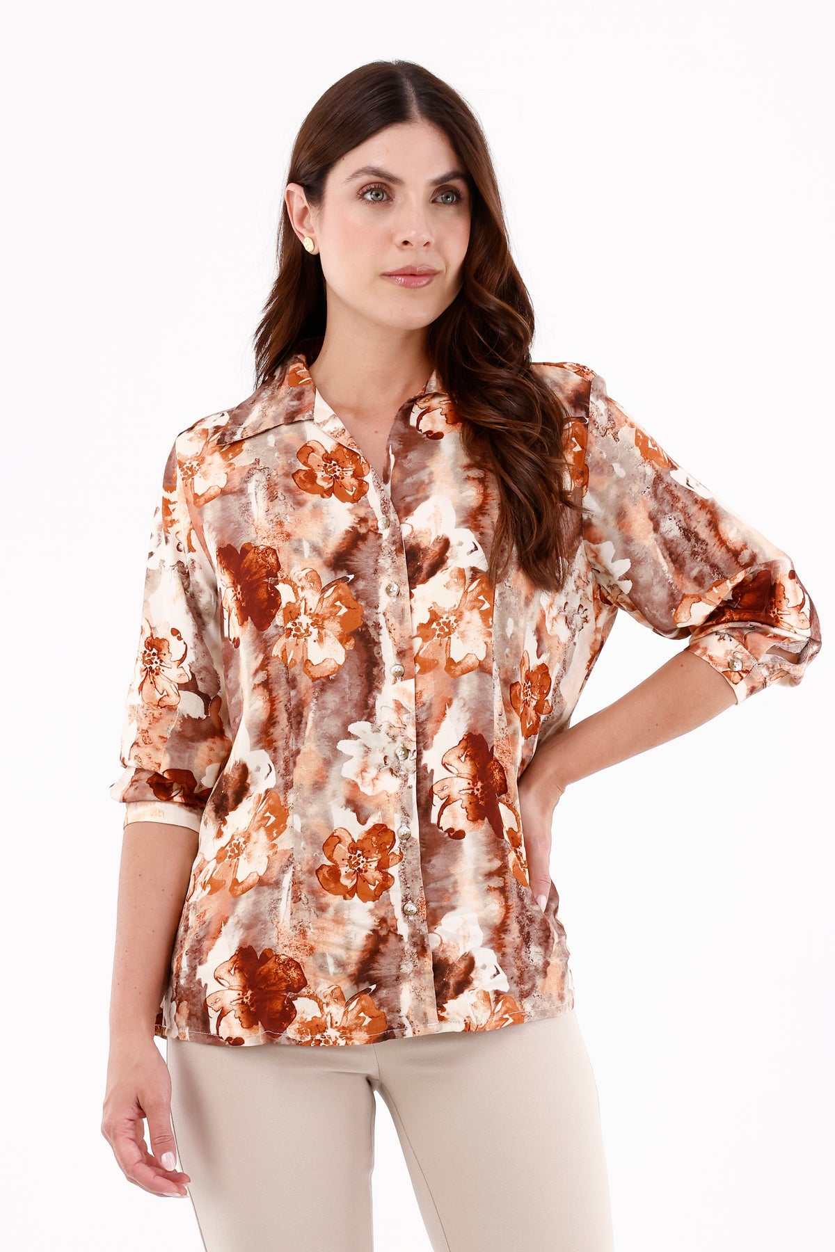 Blusa Manga 3/4 Flores Terracota Para Mujer