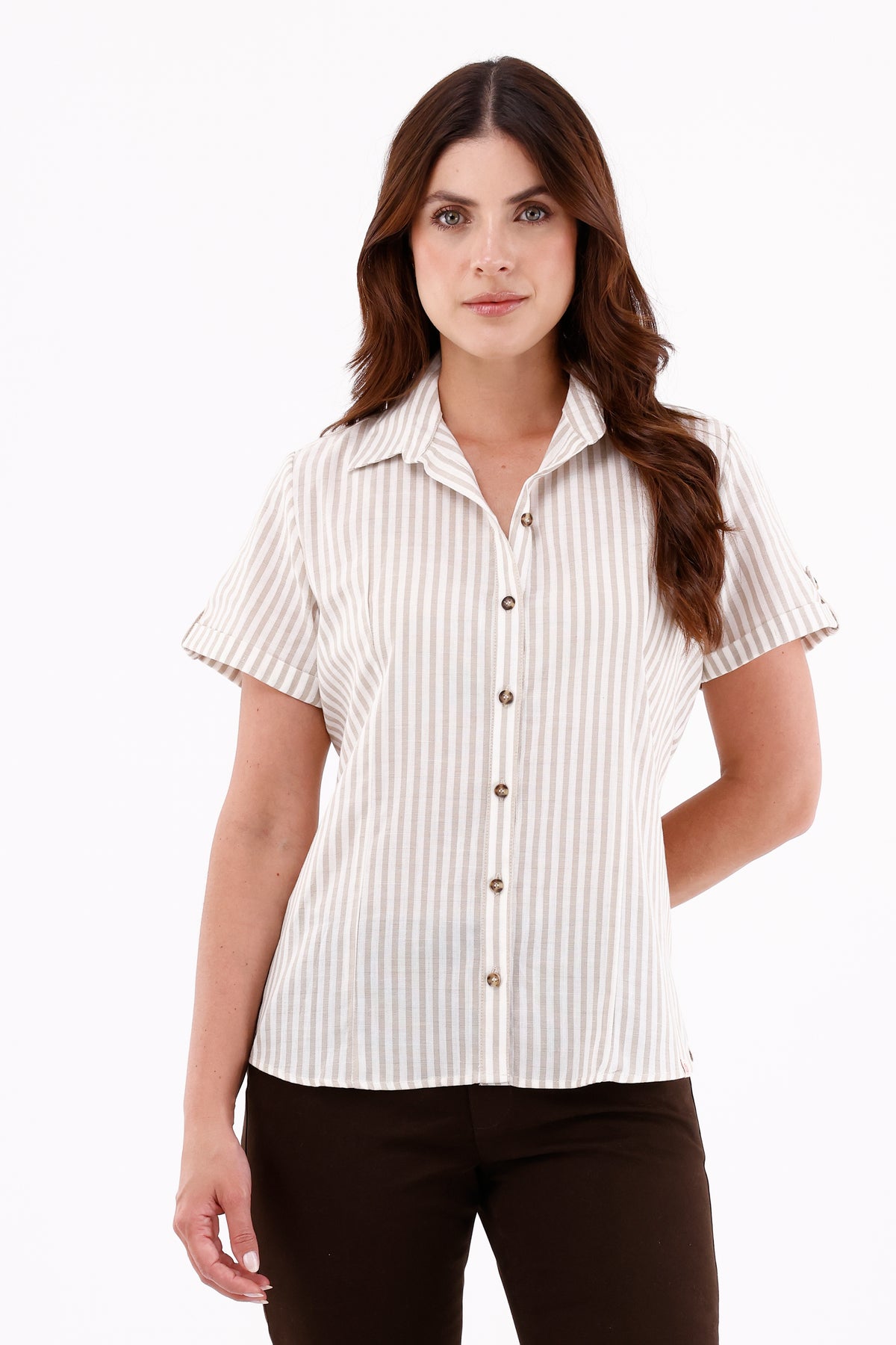 Blusa Manga Corta Charretera Rayas Caqui Para Mujer