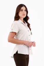 Blusa Manga Corta Charretera Rayas Caqui Para Mujer