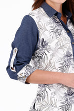 Blusa Manga 3/4 Combinada Ramas Azul Índigo Para Mujer