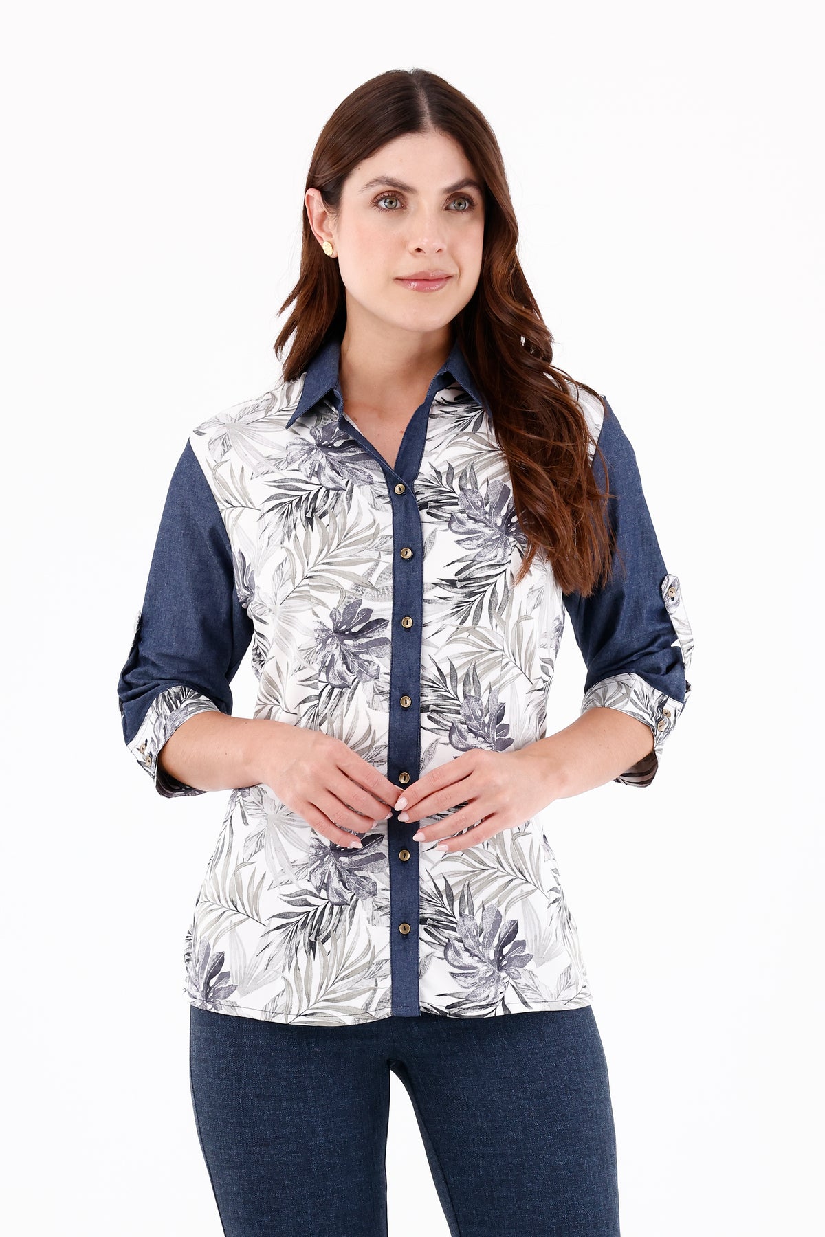 Blusa Manga 3/4 Combinada Ramas Azul Índigo Para Mujer
