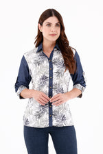 Blusa Manga 3/4 Combinada Ramas Azul Índigo Para Mujer