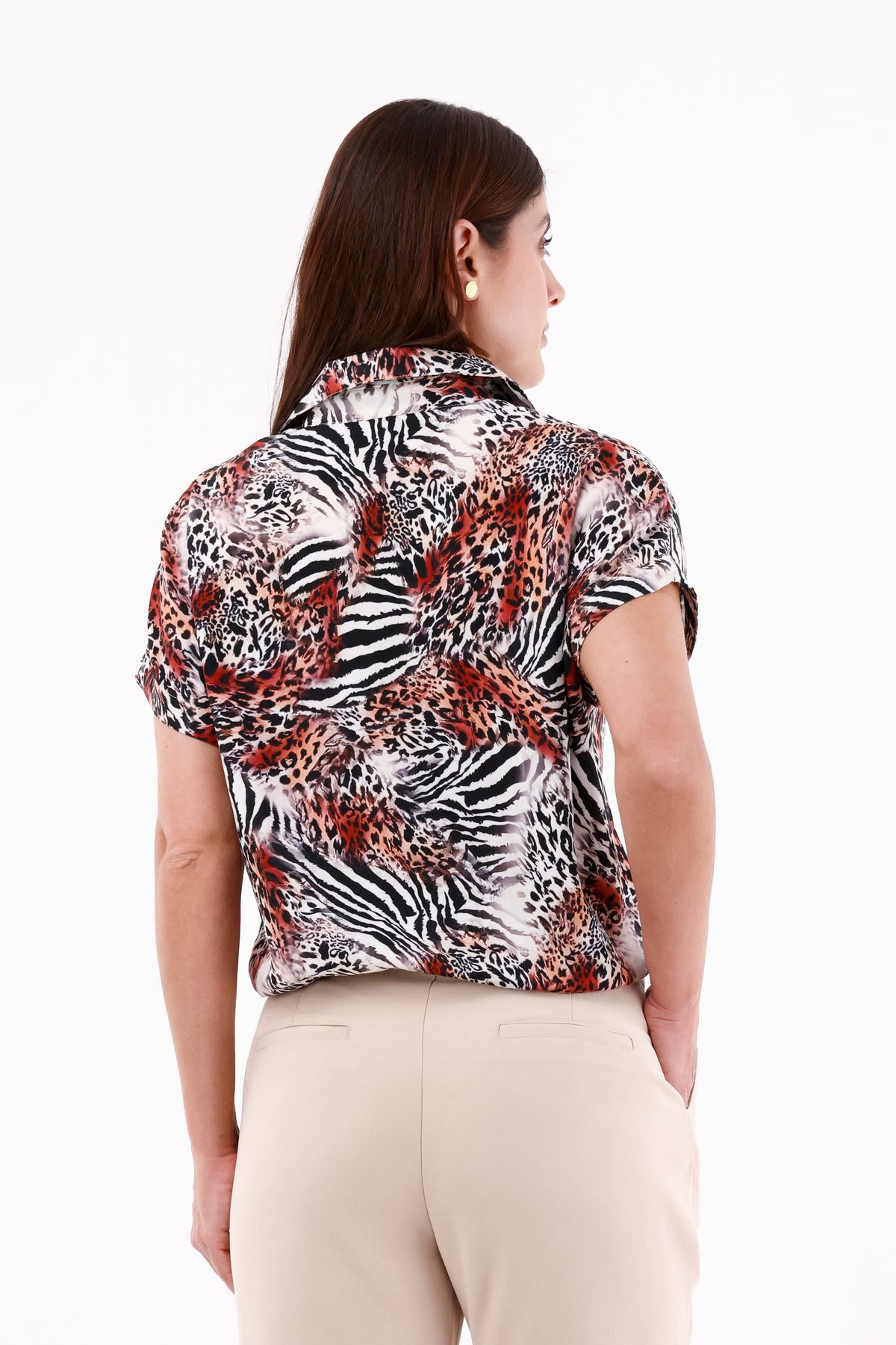 Blusa Manga Rodada Animal Print Terracota Para Mujer