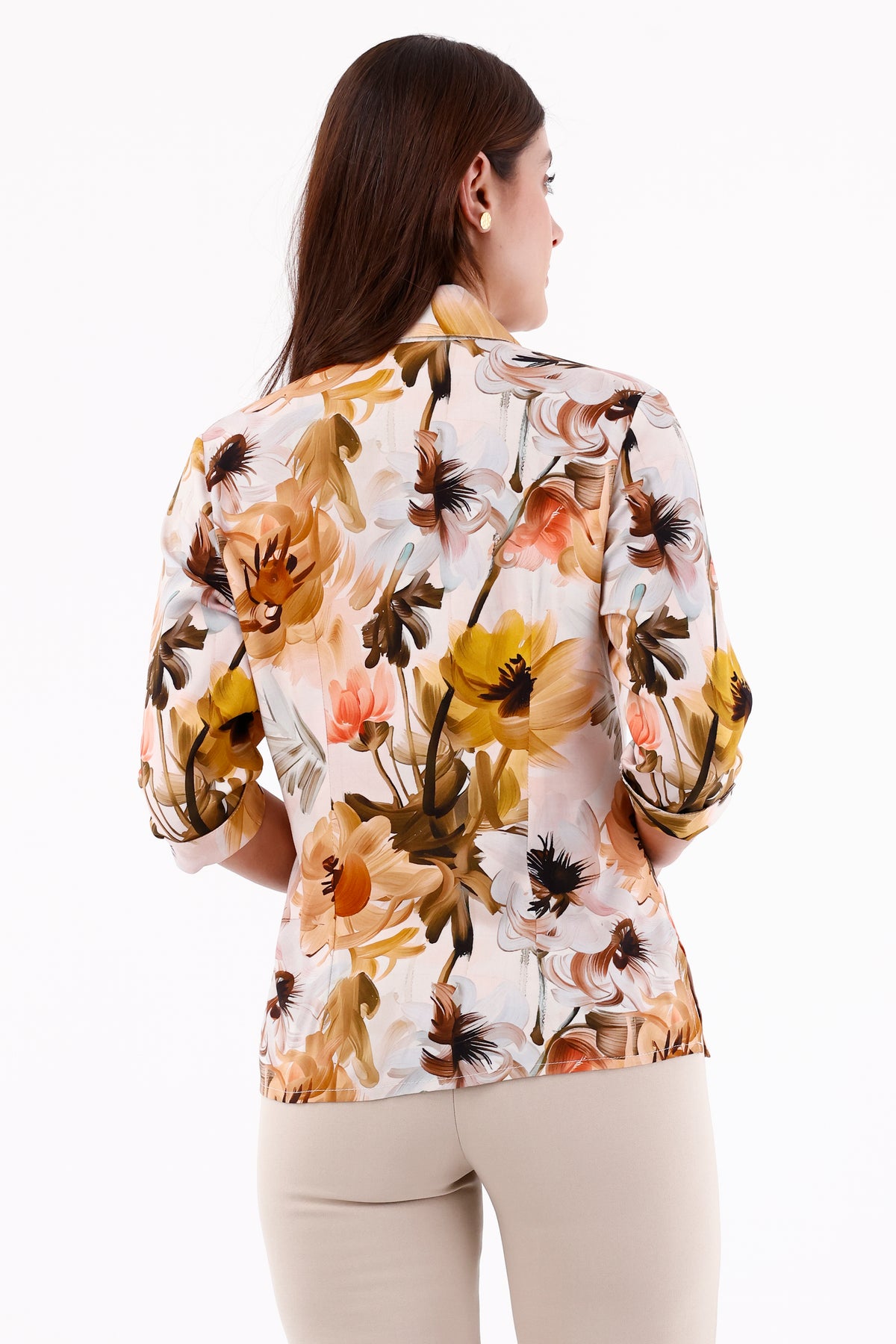 Blusa Manga 3/4 Flores Grandes Mostaza Para Mujer
