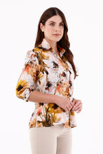 Blusa Manga 3/4 Flores Grandes Mostaza Para Mujer