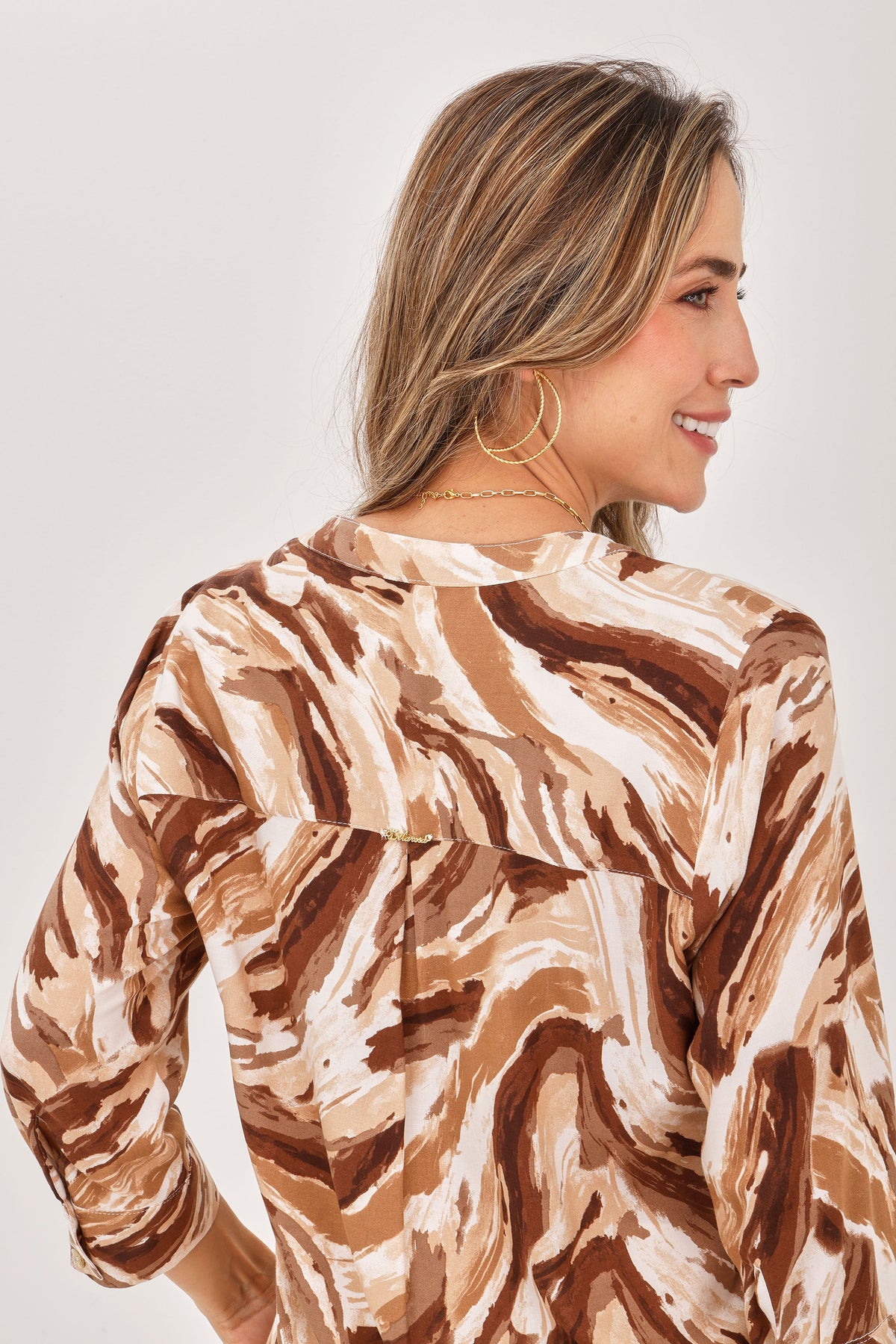 Blusa Manga 3/4 Media Perilla Cierre Étnica Camel