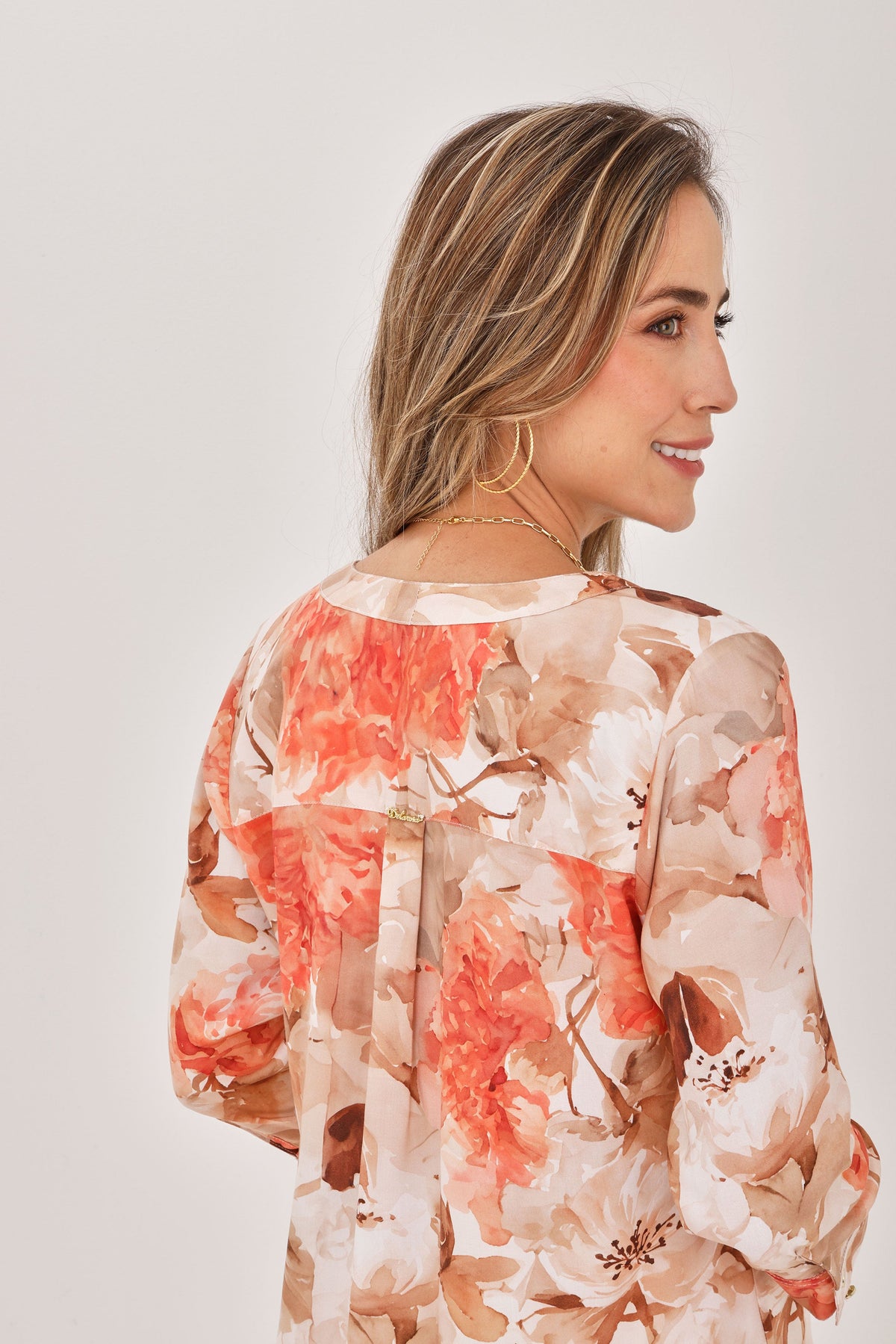 Blusa Manga 3/4 Cierre Flores Coral