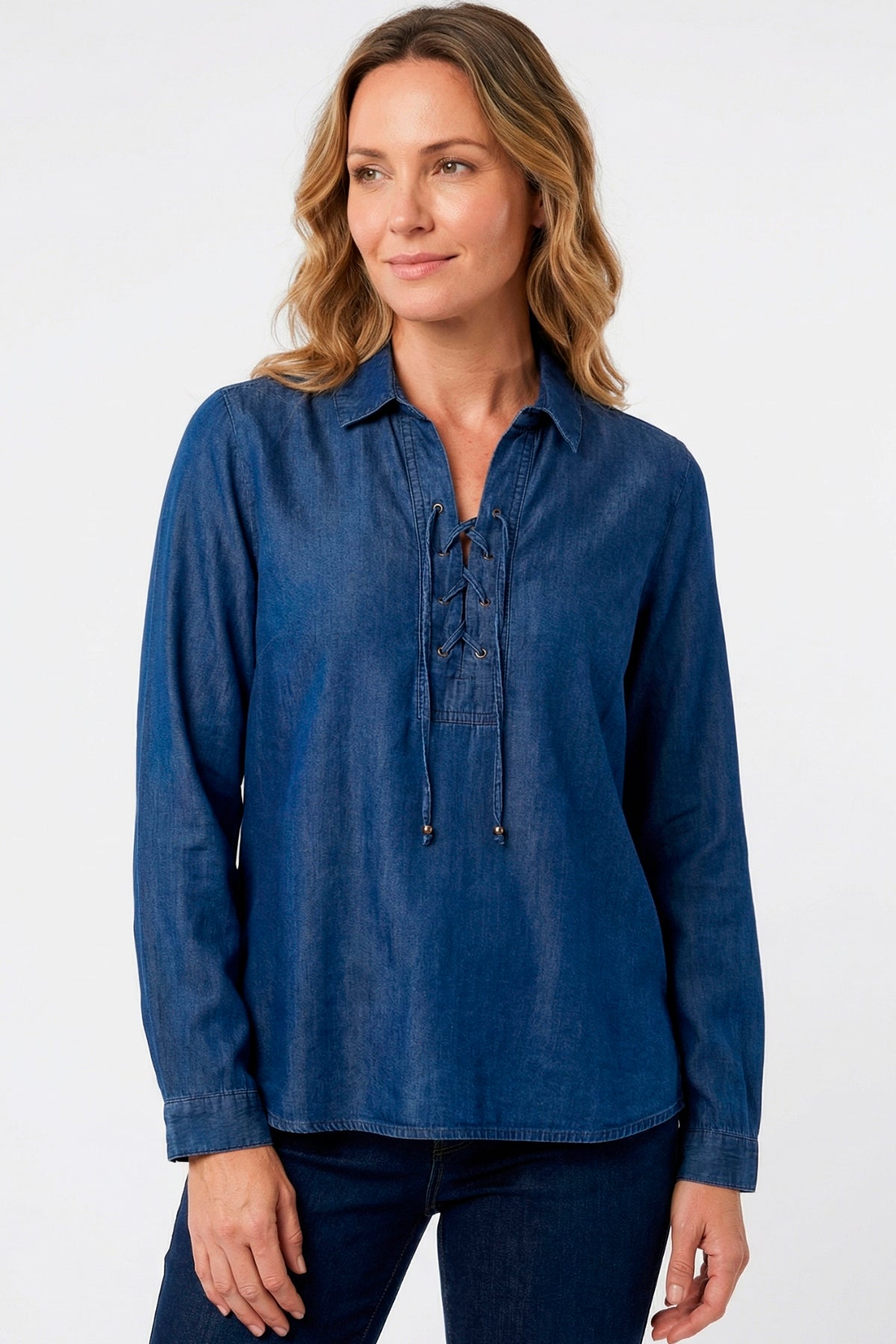 Blusa manga larga con ojaletes en chambray mujer azul medio