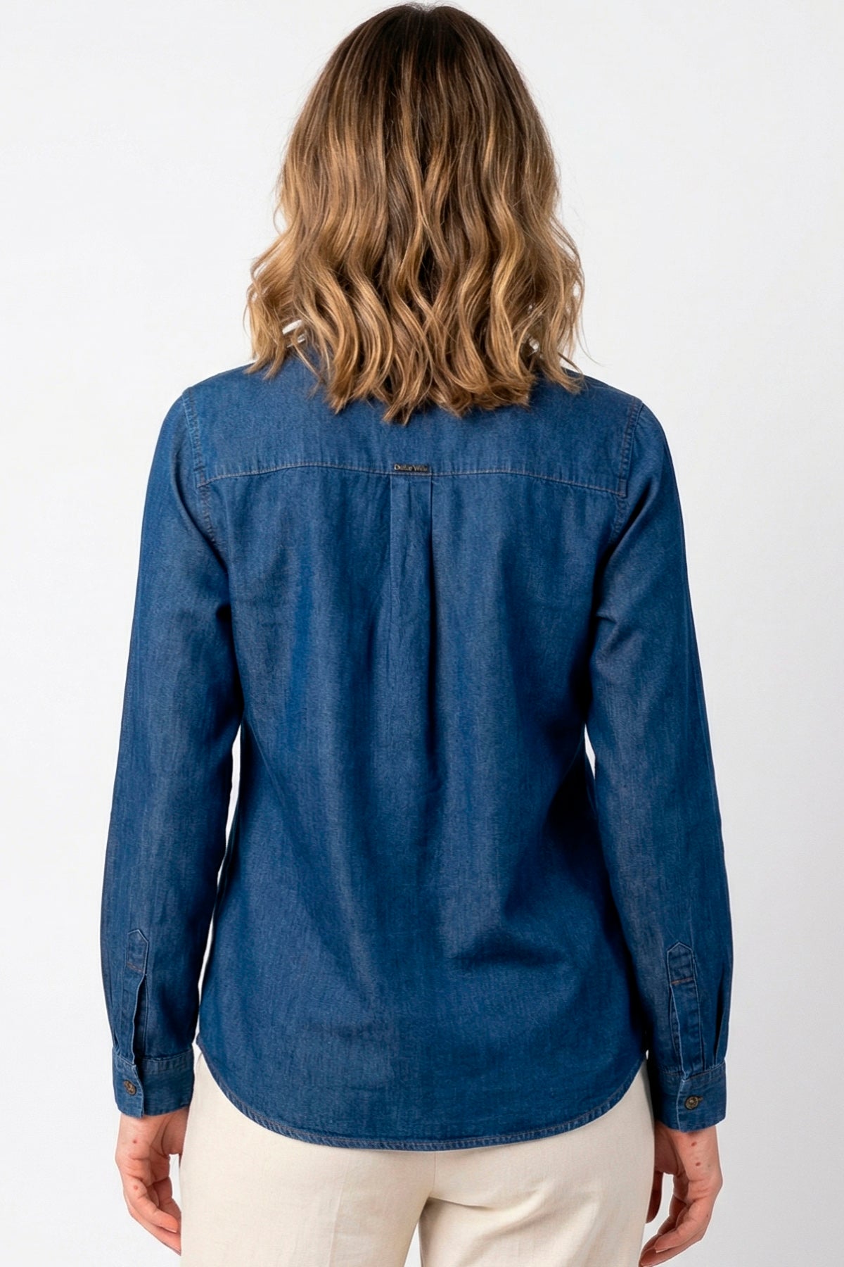 Blusa manga larga con ojaletes en chambray mujer azul medio