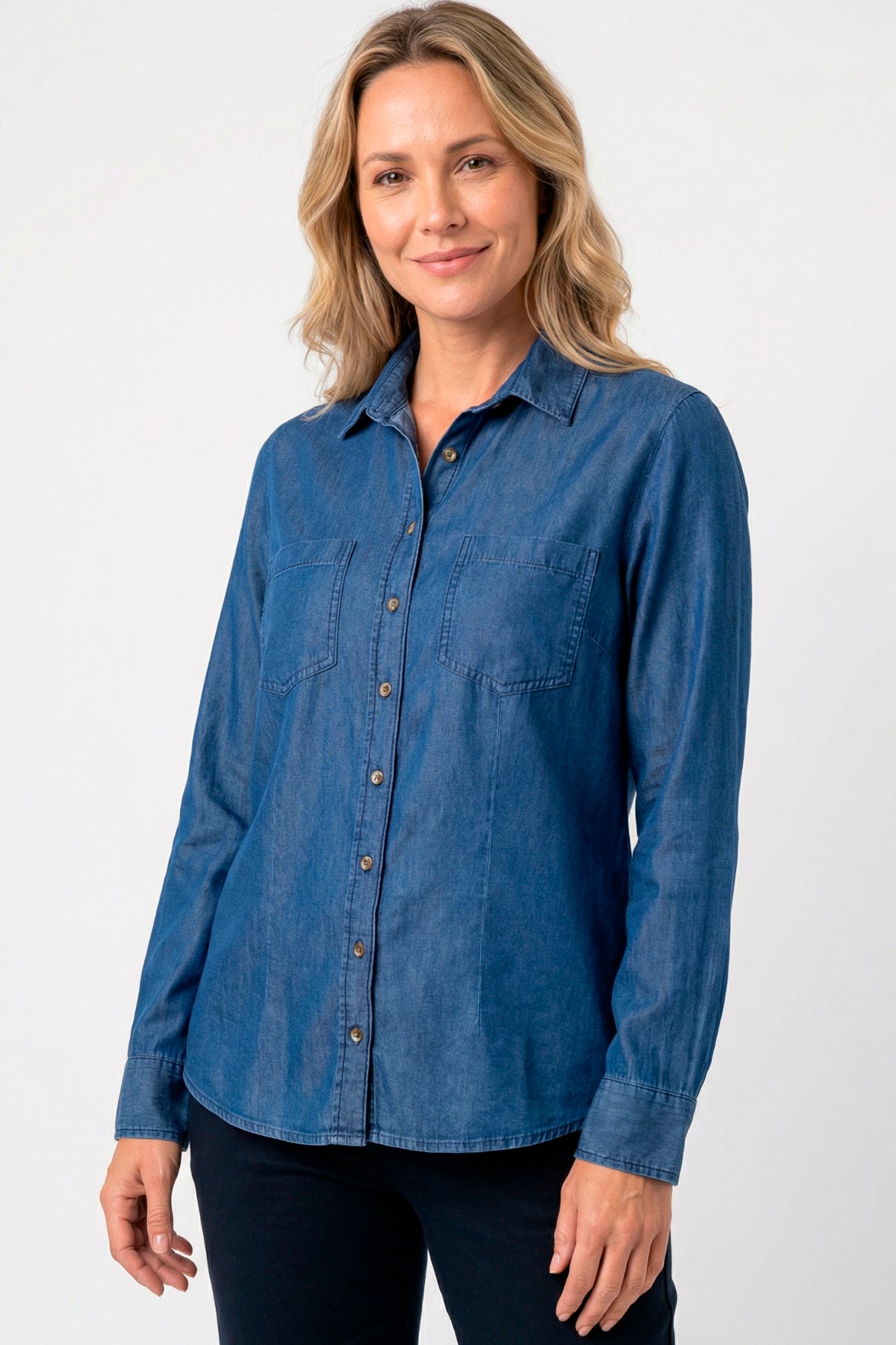 Blusa manga larga con bolsillos en tencel mujer azul medio