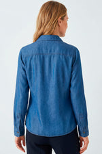 Blusa manga larga con bolsillos en tencel mujer azul medio