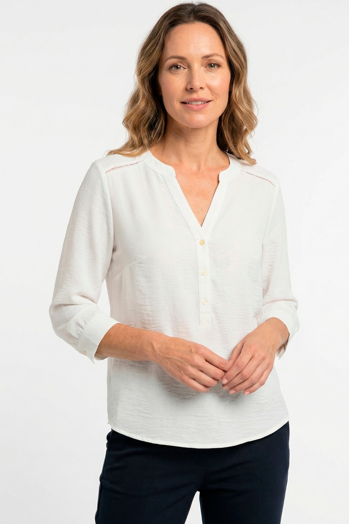 Blusa manga 3/4 con randa en crepé para mujer crudo