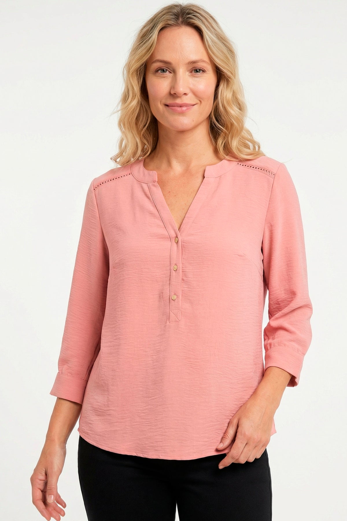 Blusa manga 3/4 con randa en crepé para mujer palo de rosa