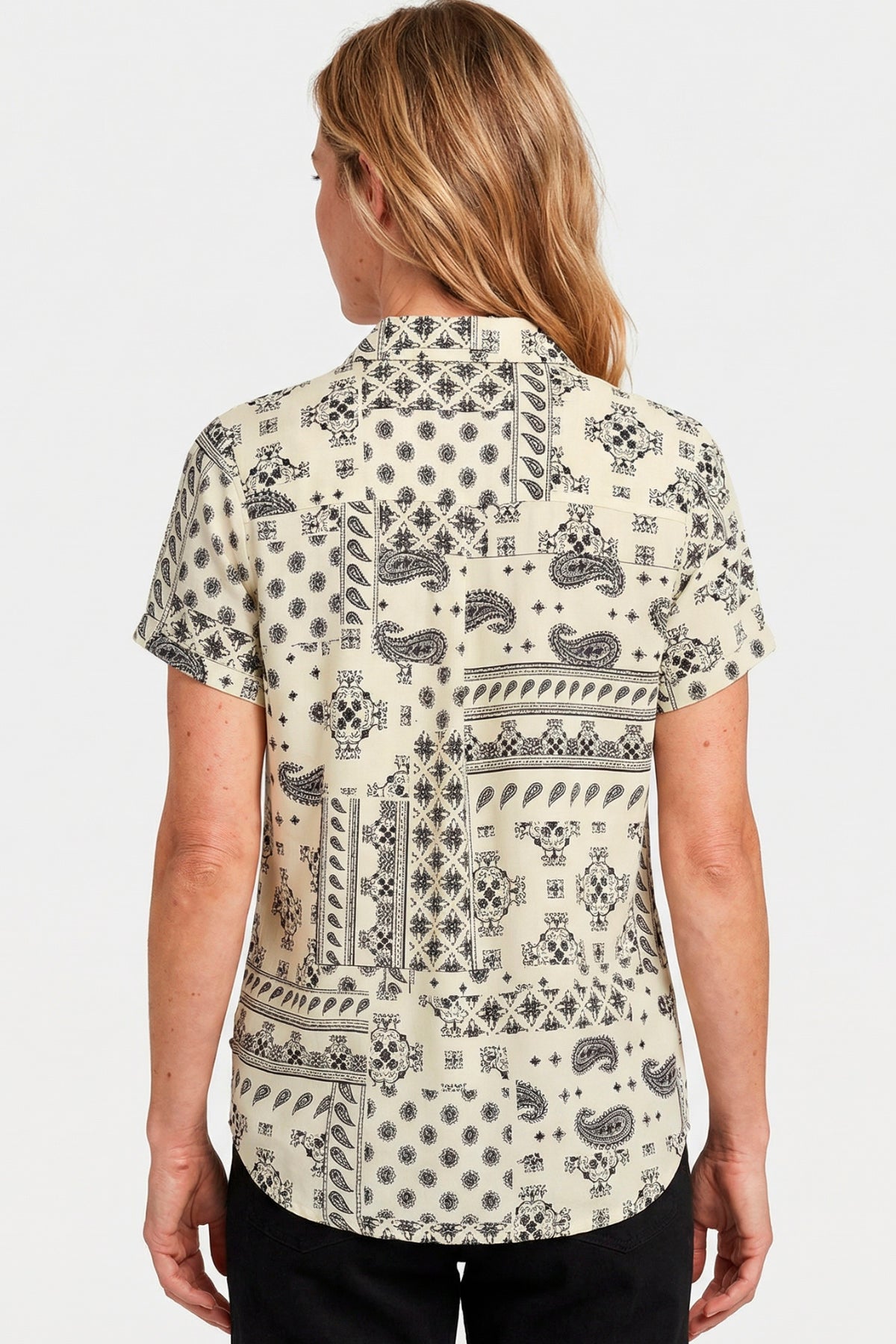 Blusa manga corta arabescos en rayón para mujer azul oscuro
