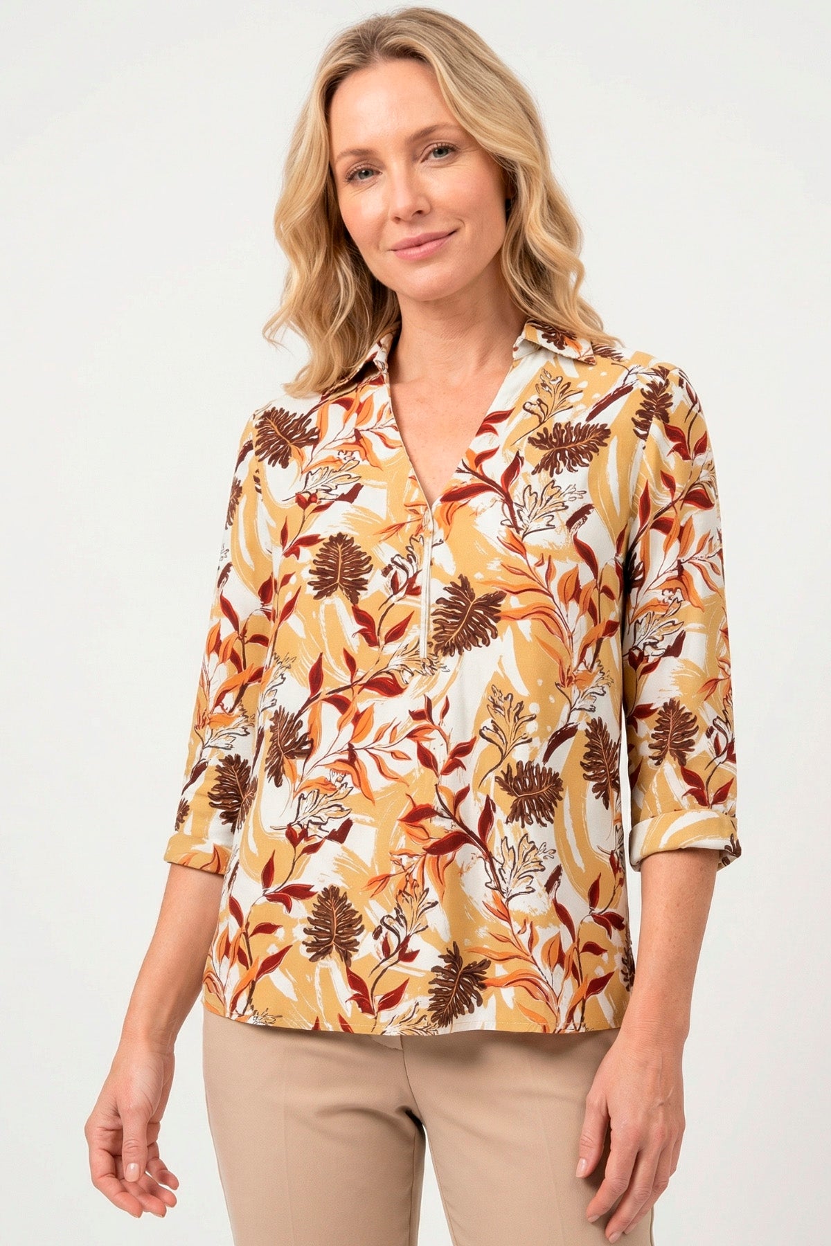 Blusa manga 3/4 hojas con cierre en rayón para mujer camel