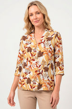 Blusa manga 3/4 hojas con cierre en rayón para mujer camel