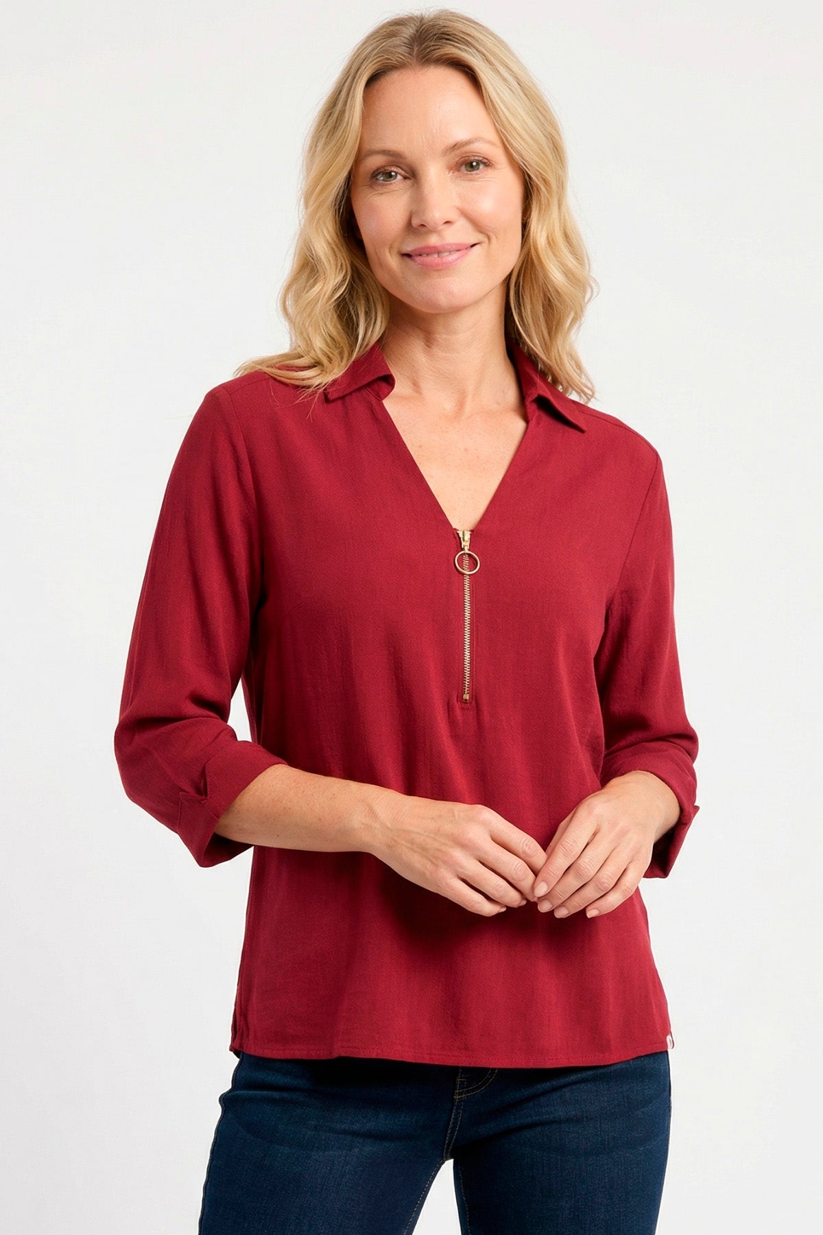 Blusa manga 3/4 con cierre en rayón para mujer vinotinto