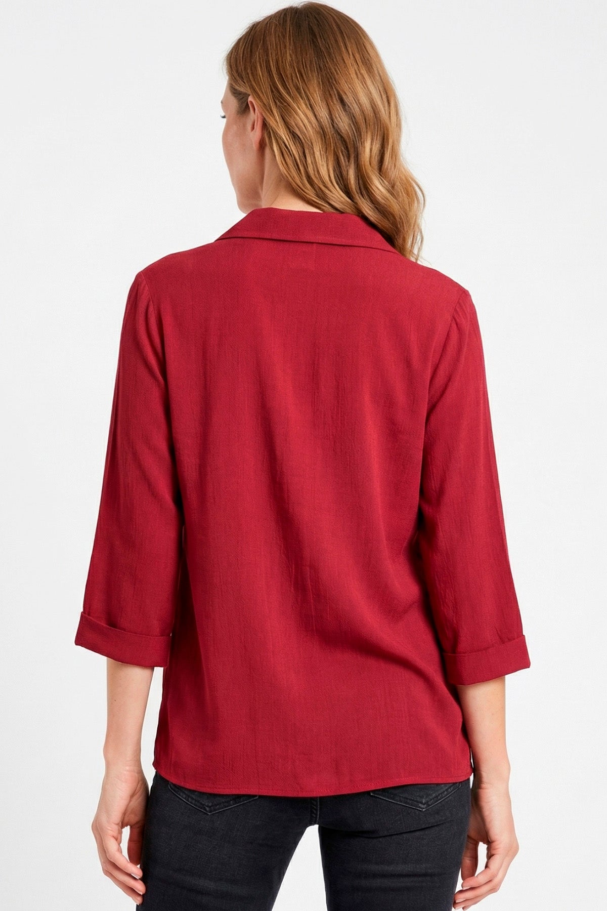 Blusa manga 3/4 con cierre en rayón para mujer vinotinto