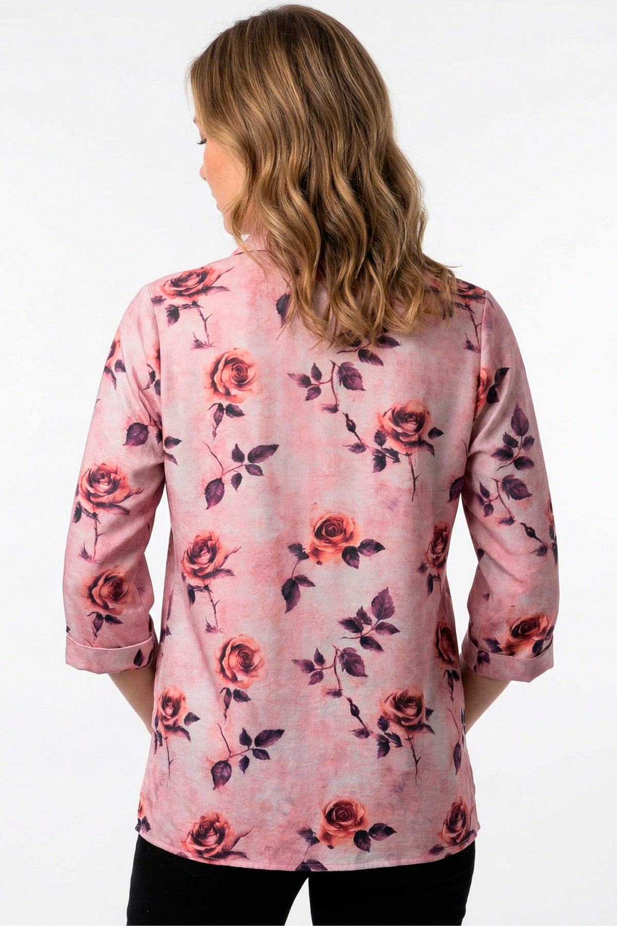 Blusa manga 3/4 floral con cierre en algodón mujer palo rosa