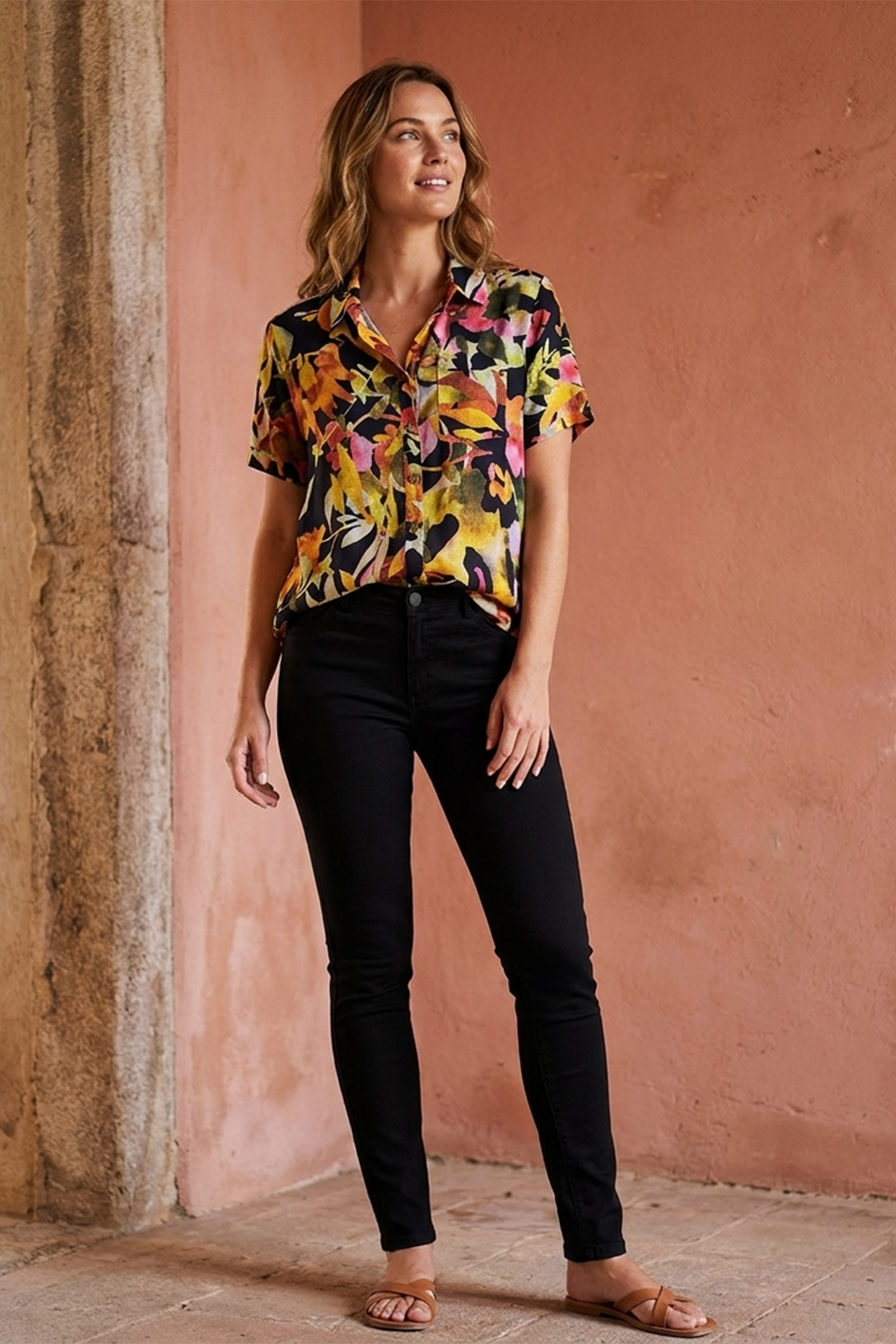 Blusa Manga Corta en Rayón Negra para Mujer