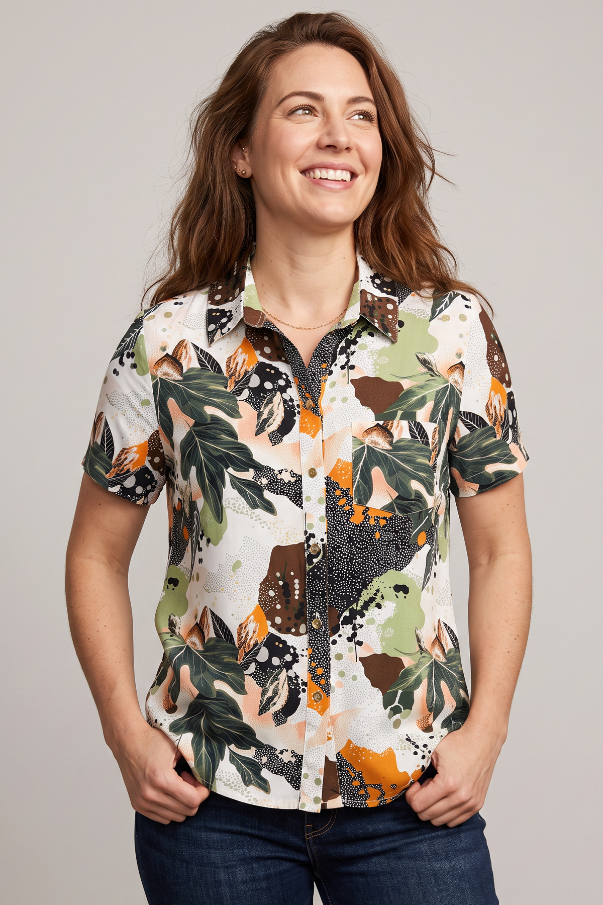 Blusa Manga Corta en Rayón Verde Oliva para Mujer