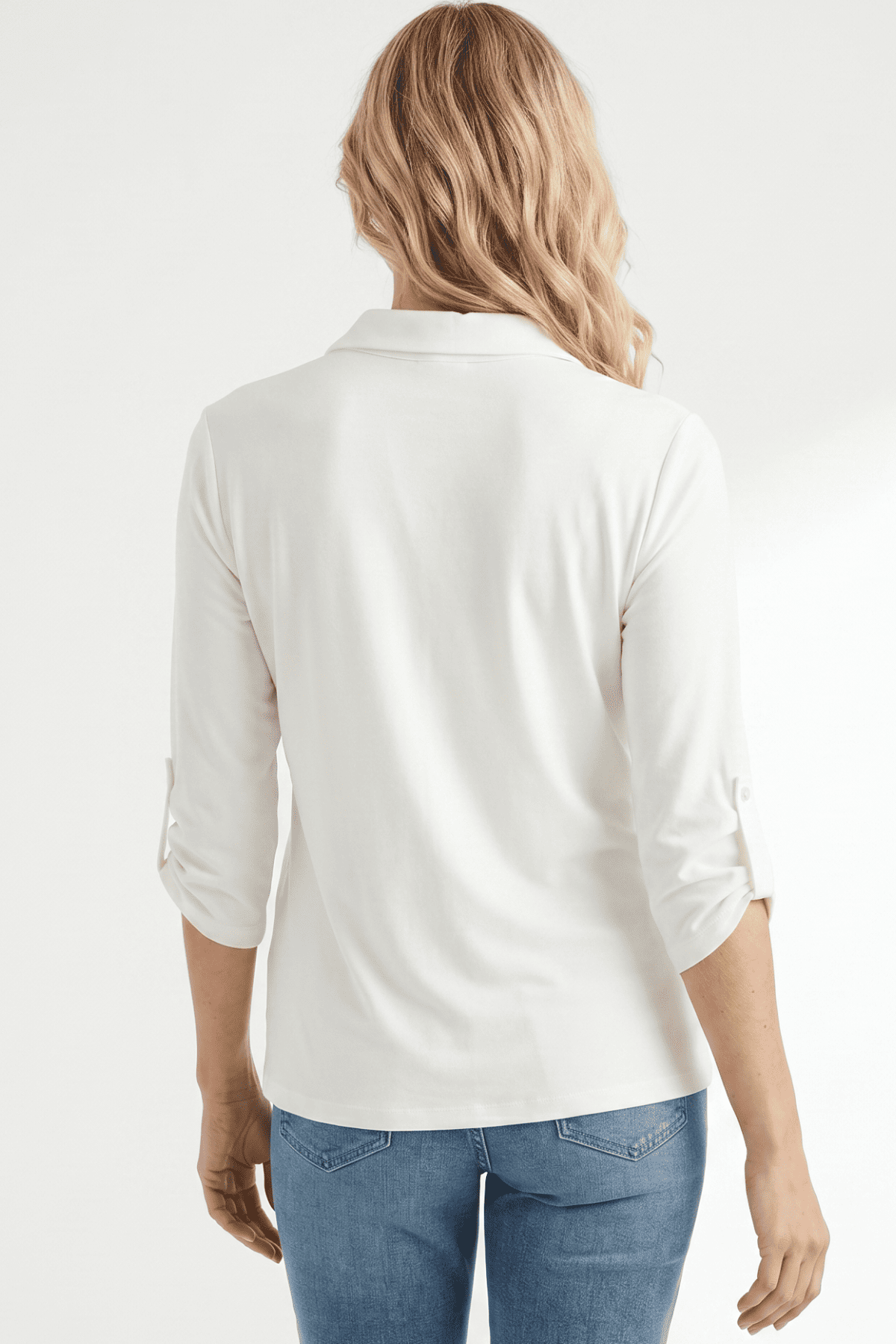 Camiseta manga 3/4 con cierre en lycra para mujer crudo