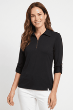 Camiseta manga 3/4 con cierre en lycra para mujer negro