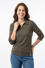 Camiseta manga 3/4 con cierre en lycra mujer verde militar