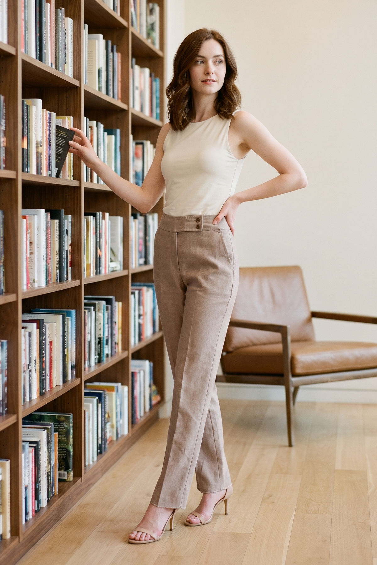 Pantalón en Lino Taupe Claro para Mujer
