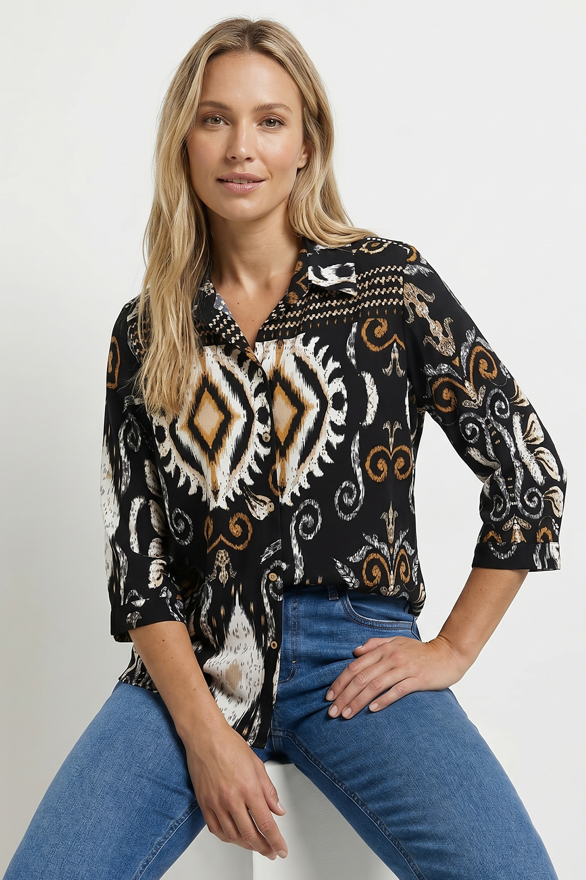 Blusa Estampada Negra en Rayón para Mujer