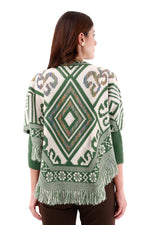 Ruana/Poncho Rombos Flecos Verde Oliva Para Mujer 