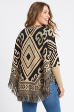 Ruana con Terminación en Flecos en Acrílico Camel para Mujer