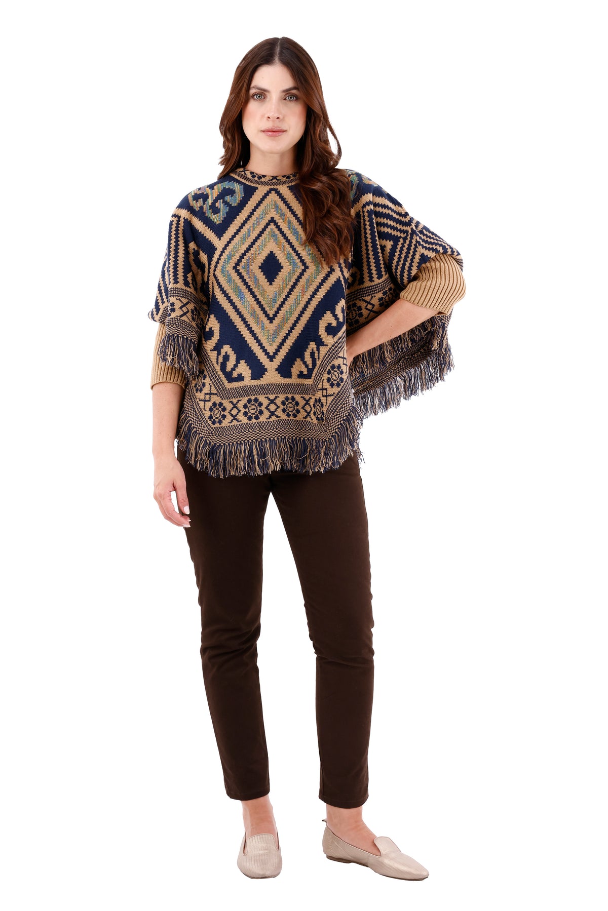 Ruana/Poncho Rombos Flecos Camel Para Mujer 