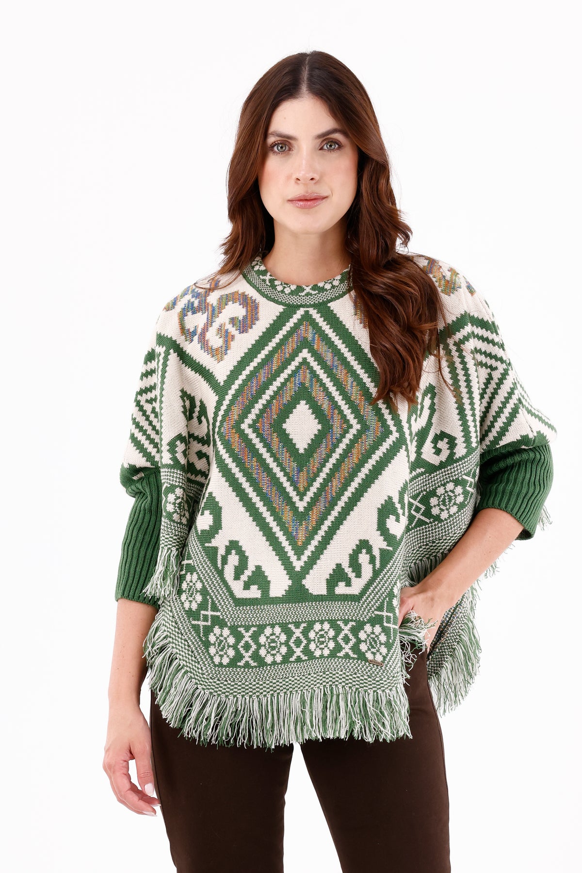 Ruana/Poncho Rombos Flecos Verde Oliva Para Mujer 
