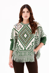 Ruana/Poncho Rombos Flecos Verde Oliva