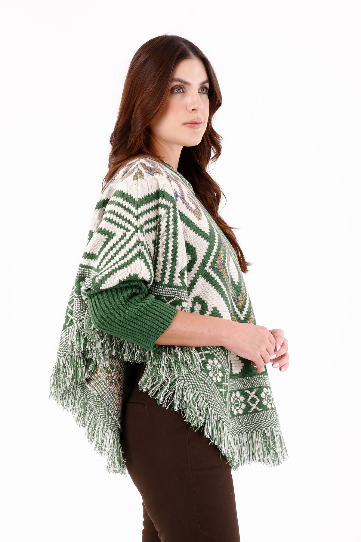 Ruana/Poncho Rombos Flecos Verde Oliva