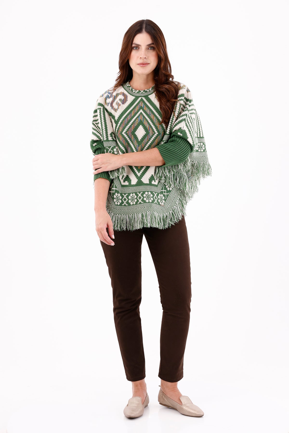 Ruana/Poncho Rombos Flecos Verde Oliva Para Mujer 