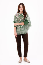 Ruana/Poncho Rombos Flecos Verde Oliva Para Mujer 