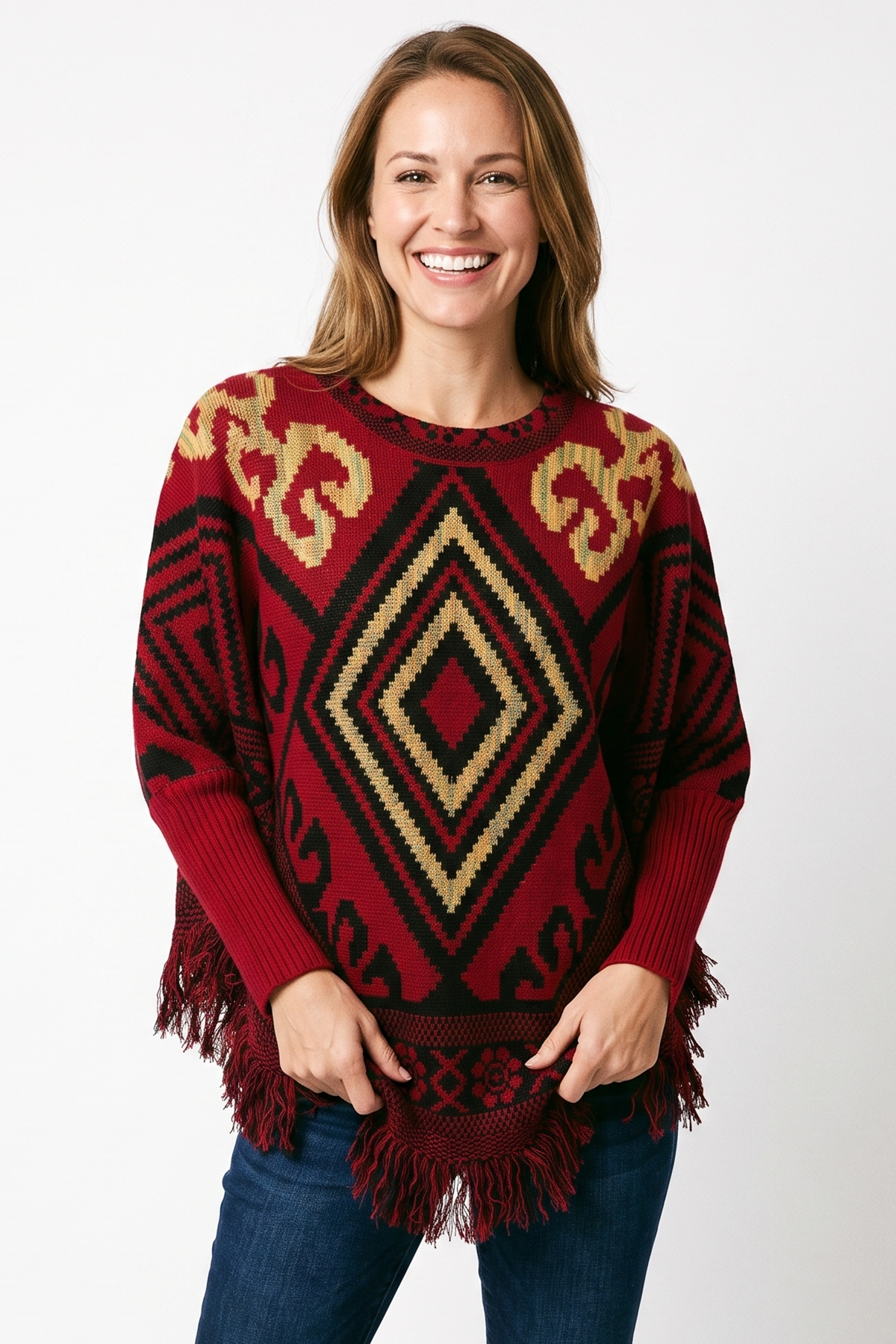 Ruana en tejido artesanal para mujer rojo