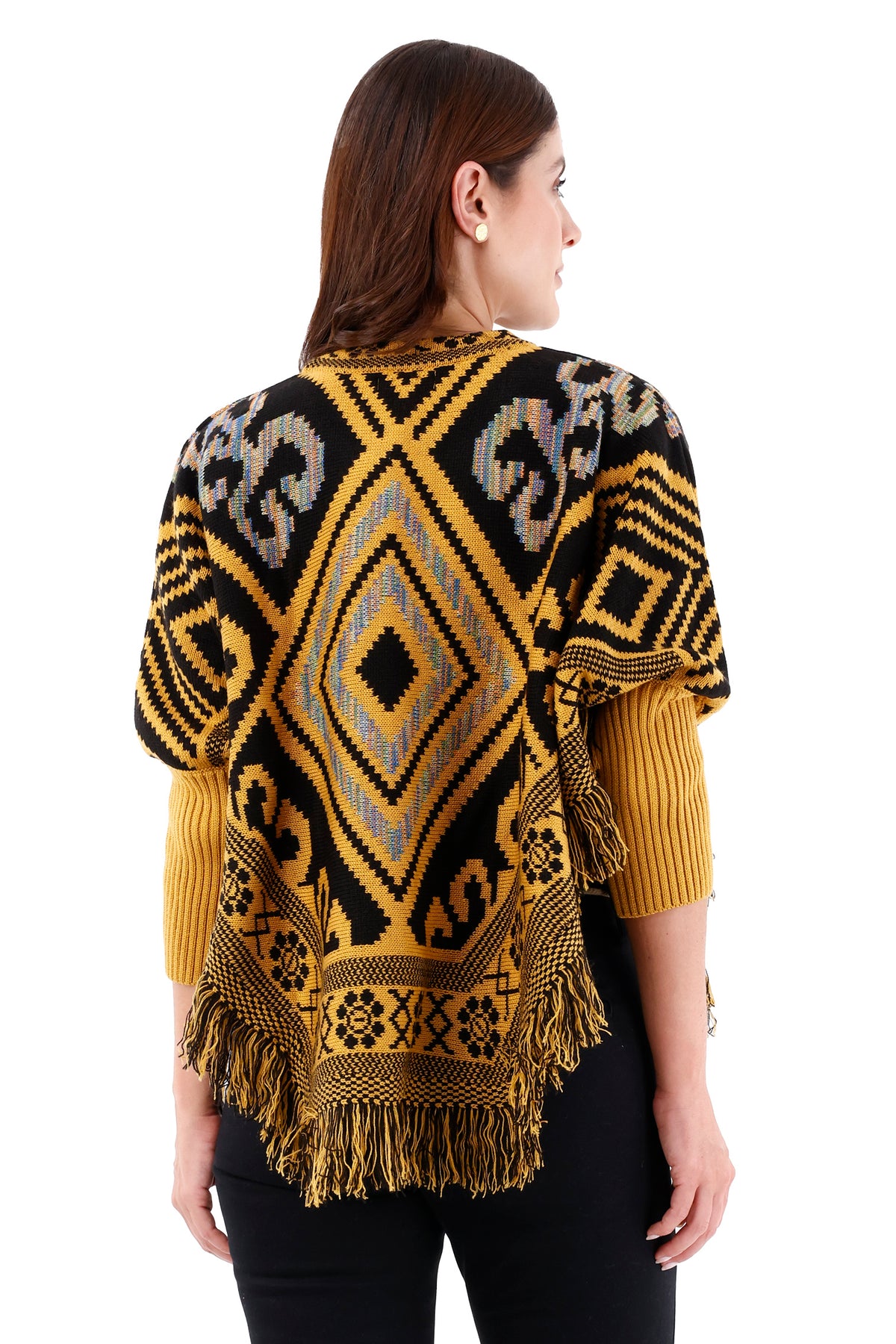 Ruana/Poncho Rombos Flecos Mostaza Para Mujer 