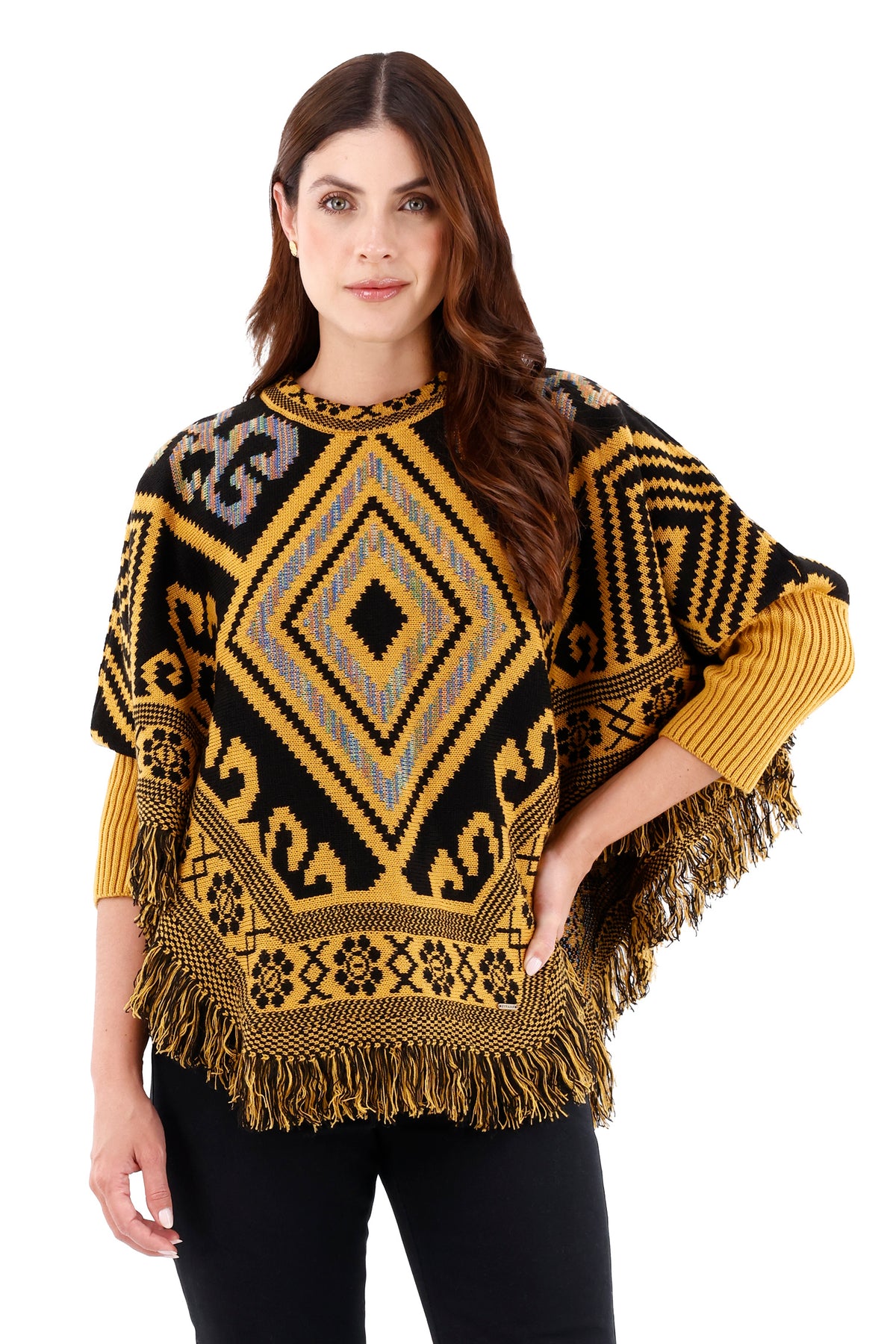 Ruana/Poncho Rombos Flecos Mostaza Para Mujer 
